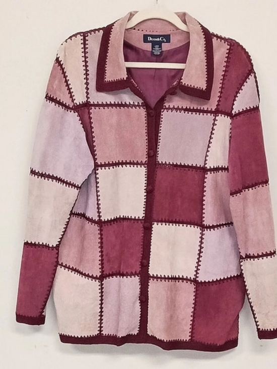 Denim&Co Jackets & Blazers - Denim & Co. Vintage Color Block Suede Leather Crochet Pink Burgundy Jacket Large